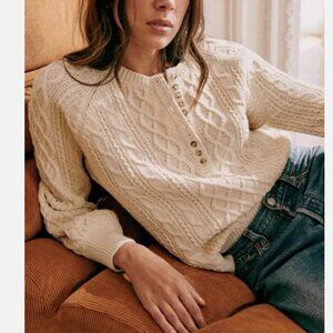 Sezane Bree Jumper Cream Cable Knit Sweater button white crew M Medium cotton